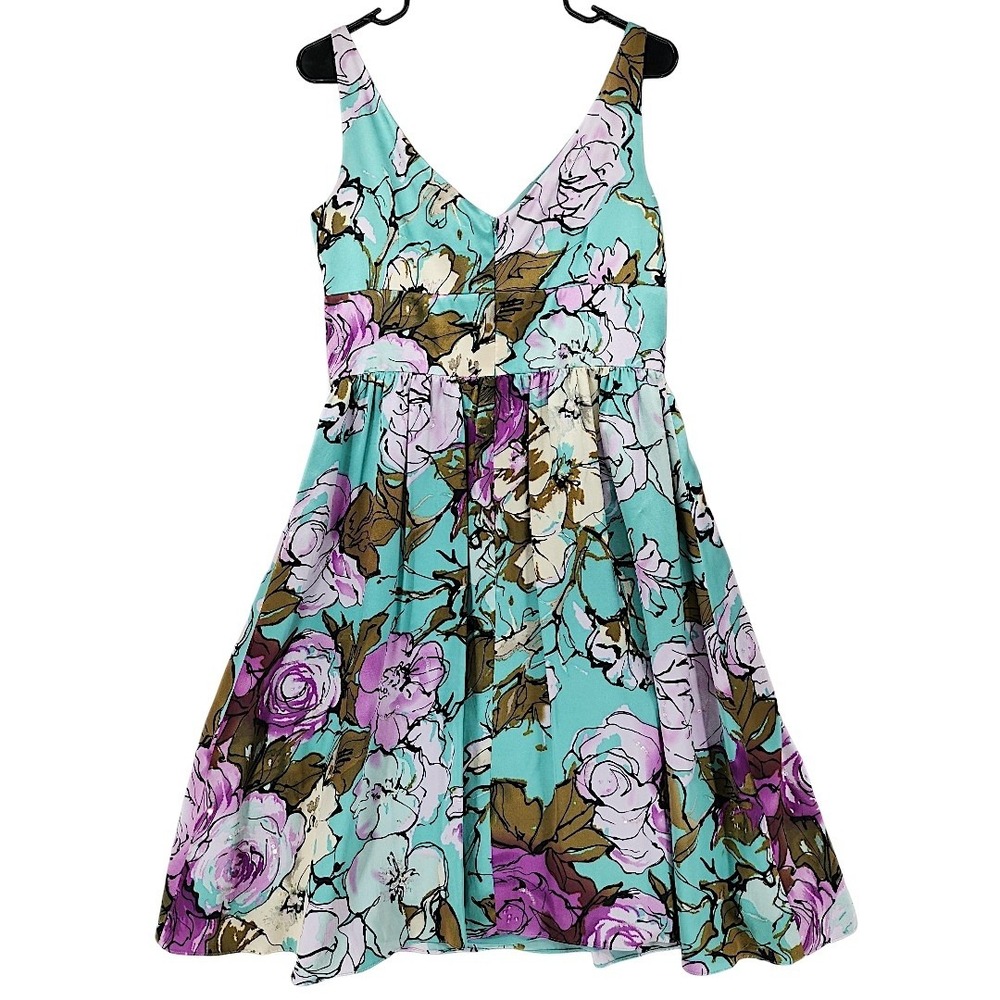 Adrianna Papell Silk Dress 10 Teal Purple Floral Fit Flare Cocktail Party Fairy - Picture 3 of 15